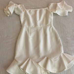 Selfie Leslie size small, white, off shoulder, ruffled half sleeve dress